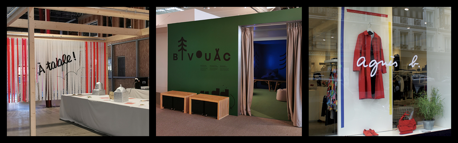1- Habillage graphique et scénique, revue Gros Gris – soirée de lancement, Strasbourg. 2- Habillage graphique et scénique, Bivouac – espace de repos au Vaisseau, Strasbourg. 3- Habillage graphique vitrine, boutique agnès b., Paris.